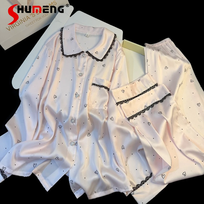 

Women New Pure Desire Lace Pajamas Female Ice Silk Sweet Heart Print Loungewear Suits Girl Japanese Style Homewear Set