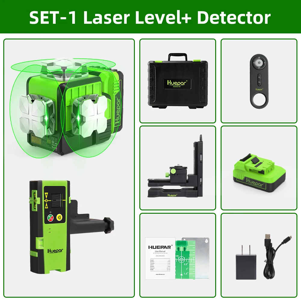 Huepar P03CG 12-lijnen 3D-laserniveau Horizontale verticale zelfnivellerende groene straallaserniveaumiddel met afstandsbediening en statief / detector