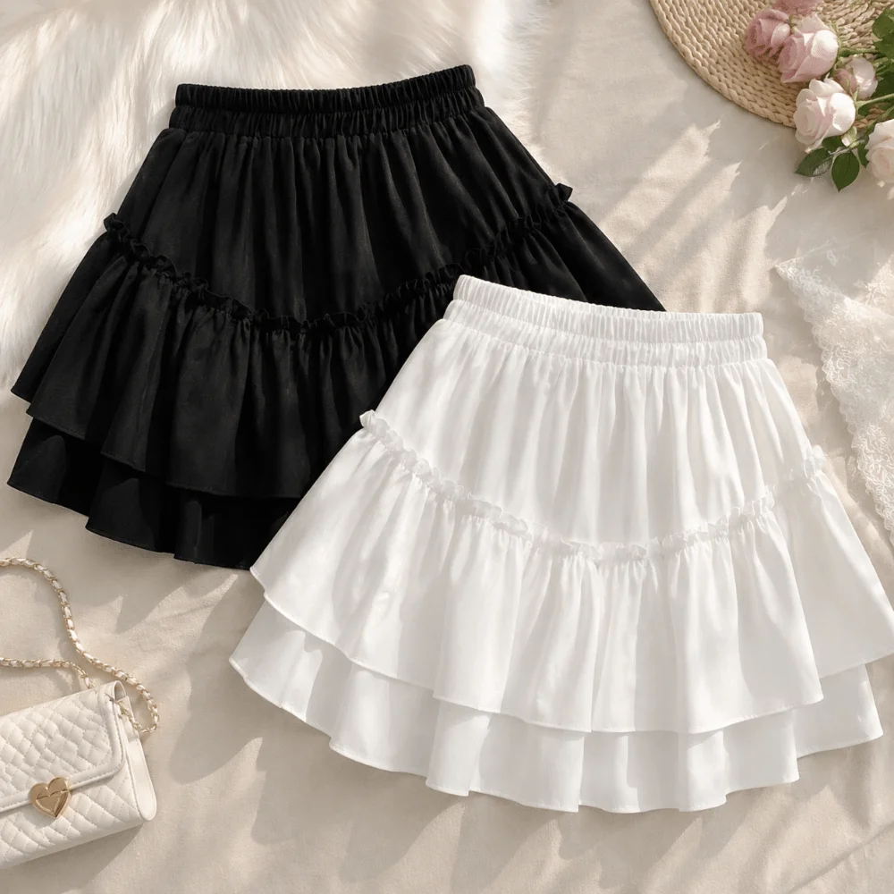 New Ruffle Trim Cake Skirt Slim Fit Princess Style A-Line Skirt Solid Color High Waist Skirt Summer