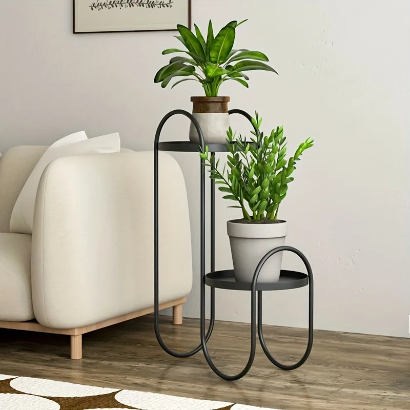 3-Tier Nordic Modern Iron Floor Plant Stand Multi-Purpose Indoor/Outdoor Shelf for Living Room Balcony Black Mental Plant Shelf
