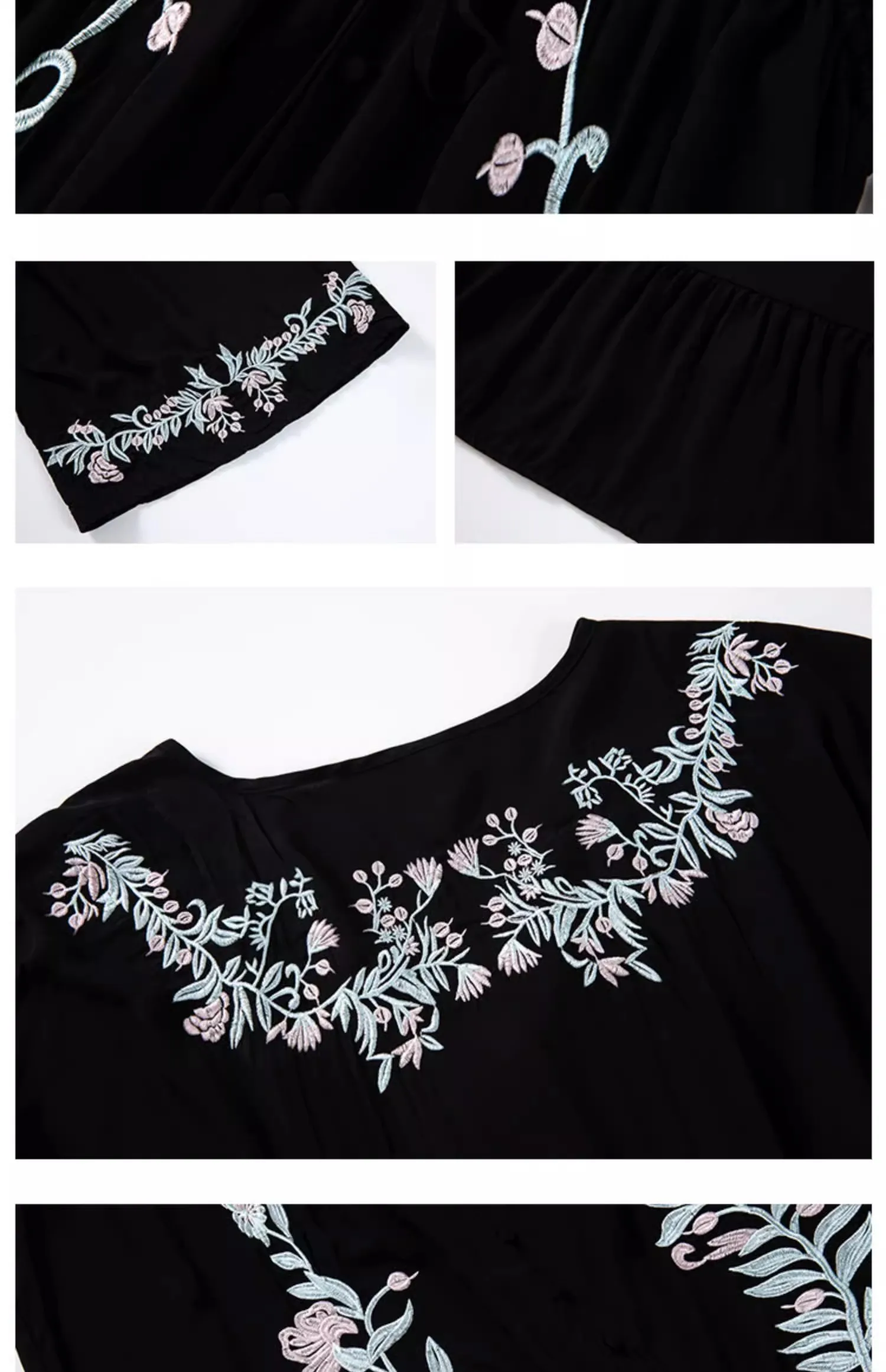 2025 vestido bohemio de vacaciones con bordado de flores, vestido negro Retro con manga de murciélago y cuello en V, vestidos largos para mujer, vestido playero informal holgado para la playa