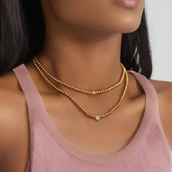 Stainless Steel Jewelry 18K Gold Plated Heart Cubic Zirconia Ball Beaded Bracelet and Matching Statement Necklace for Women