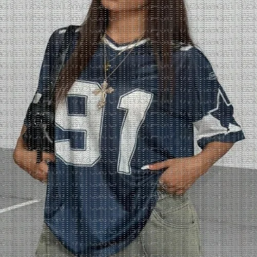 Oversized T-shirt for Women V-Neck Short Sleeve Summer Patchwork Blue Speed 91 Print Casual Tees Sports Football Jersey Y2k Tops