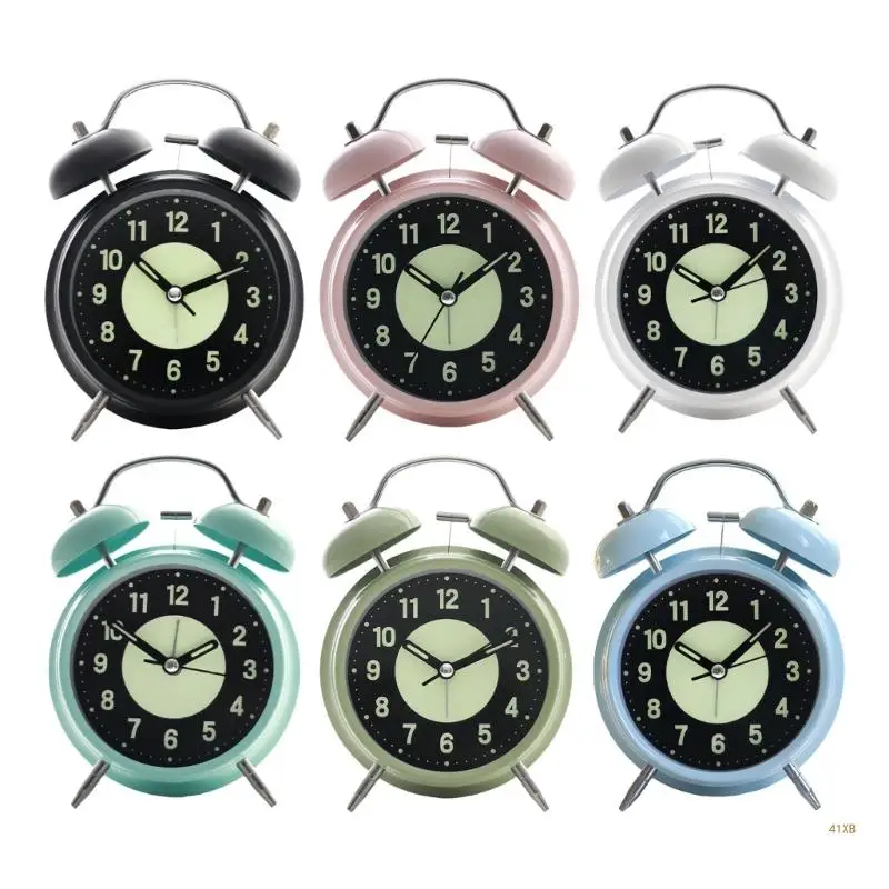 41XB Vintage Twin Bells Alarm Clock Loud Ringing for Heavy Sleepers Battery Operated Glowing Dials Quiet Operate Desk Clock