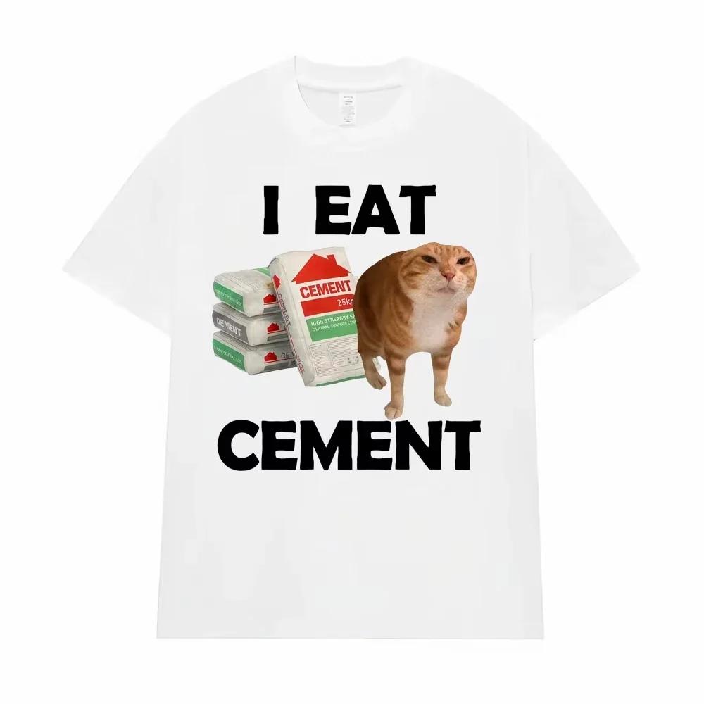 Funny I Eat Cement Cursed Cat Meme T-shirt Unisex Retro Humor Graphic Short Sleeve Tee Casual Cotton Top Internet Meme Gift