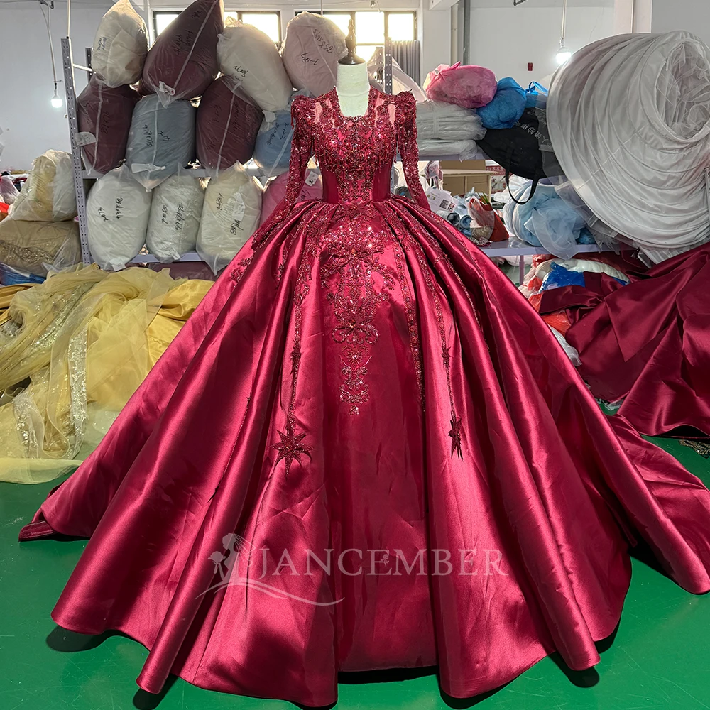 Sumptuous Wedding Dress Red Satin Ball Gown Customized V Neck Long Sleeves Beading Appliques Sweep Train vestido de noiva