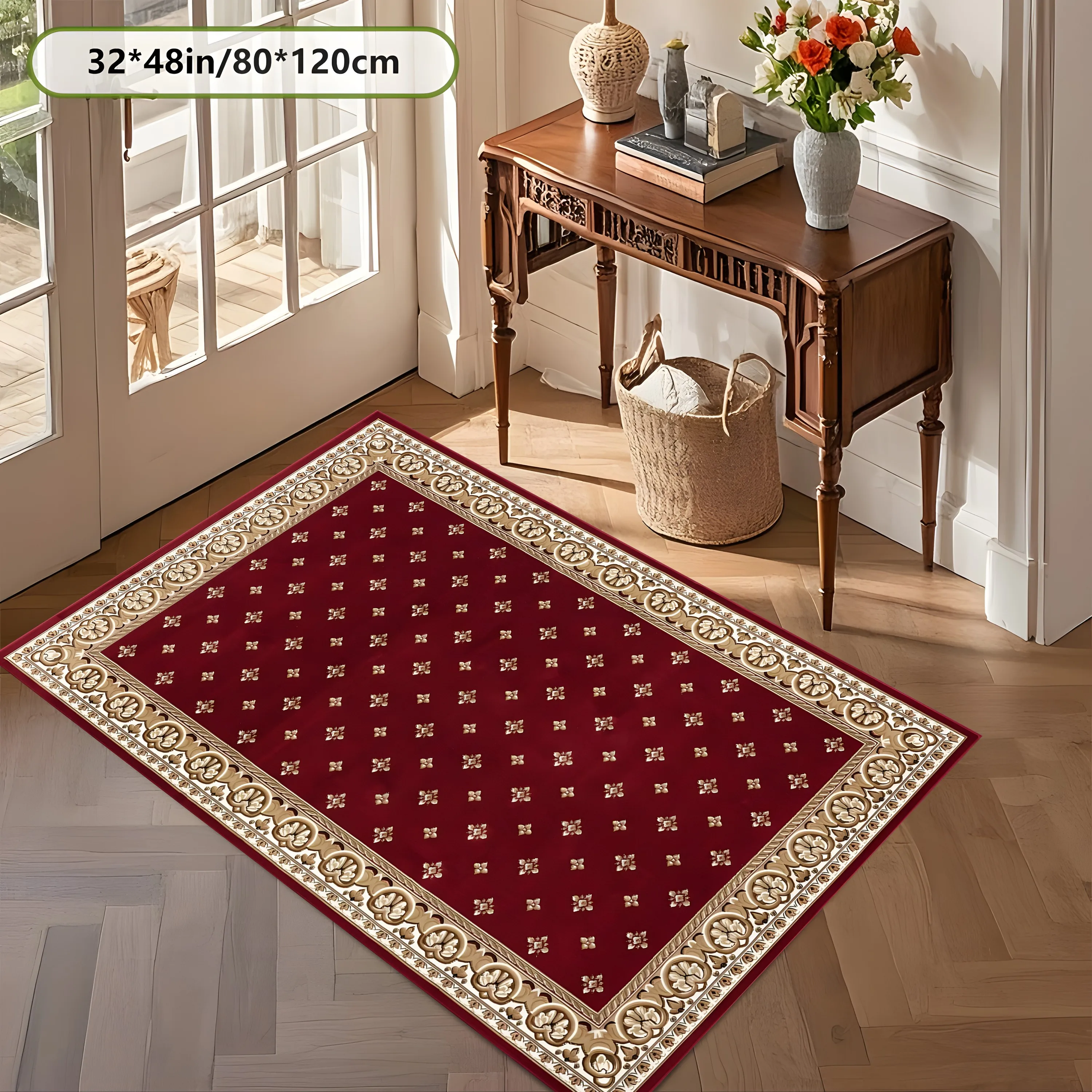2D Carpet with Wine Red Four-Leaf Pattern and Carved Border in European Retro Style for Living Room, Bedroom, and Bedside