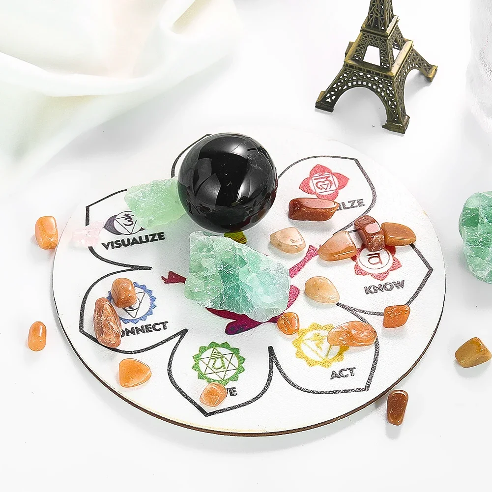 Wooden Seven Chakra Plate Home Garden Yoga Meditation Prop Desk Decoration Lucky Feng Shui Oenament Crystal Stone Base Crafts