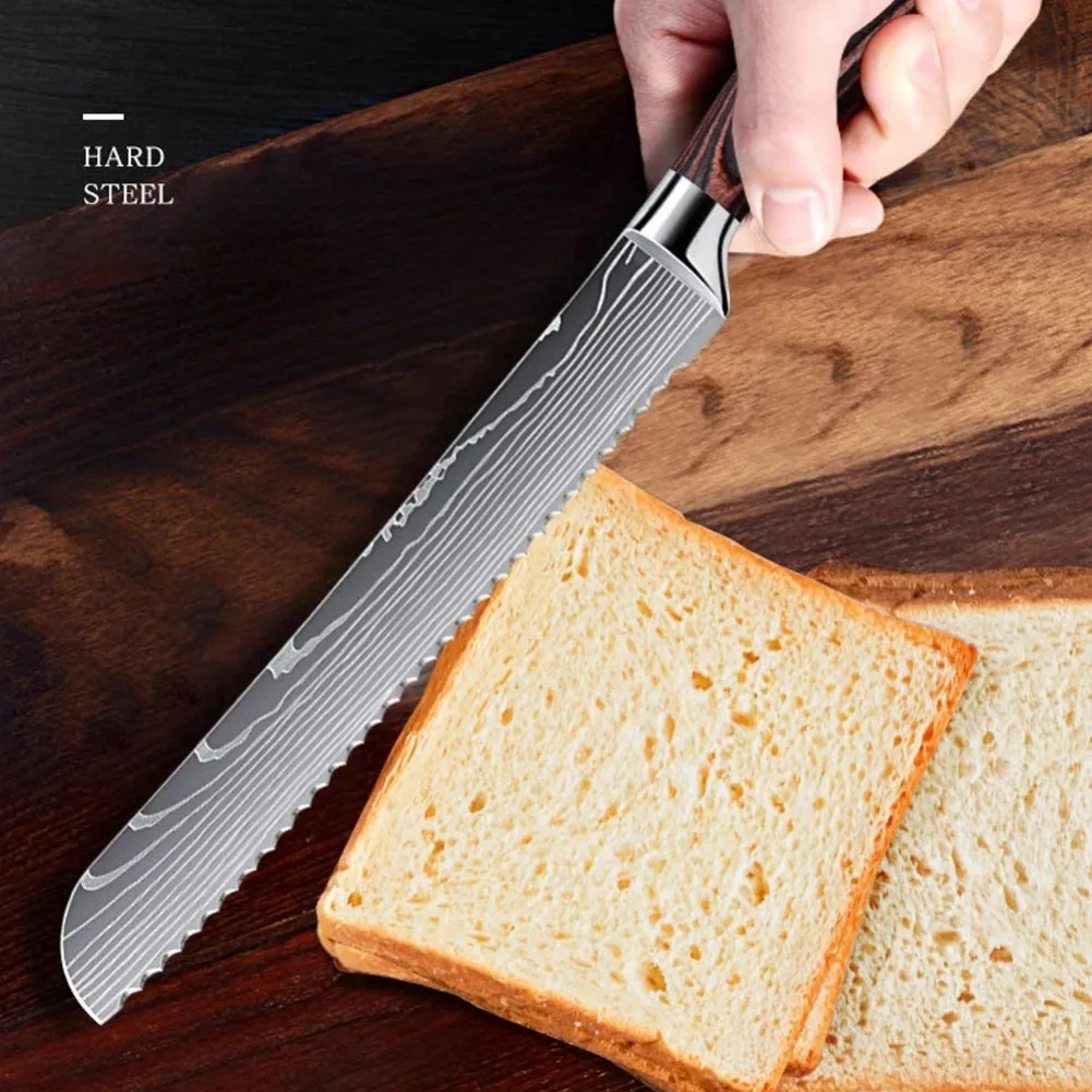 8 Inch Professional Bread Knife Cheese Toast Kitchen Knife Stainless Steel Damascus Knives Wood Handle Slicing Knife Chef Knives