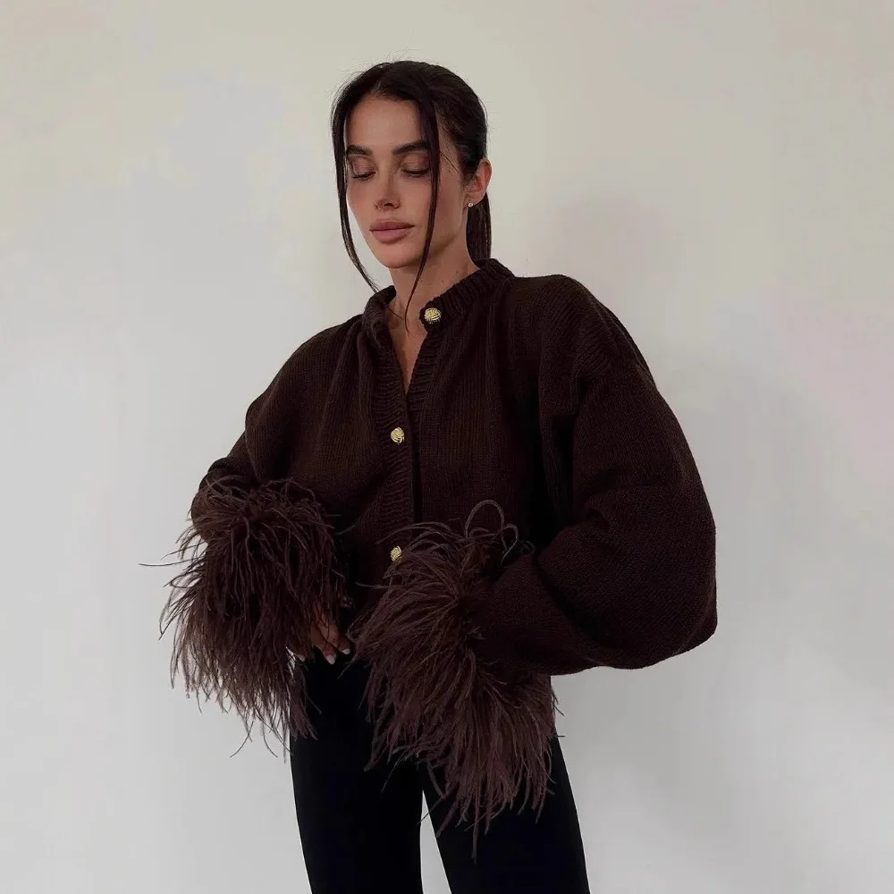 

FL перо печворк из чистого хлопка вязаный кардиган женский модный однобортный короткий свитер с круглым вырезом и длинными рукавами женский трикотаж