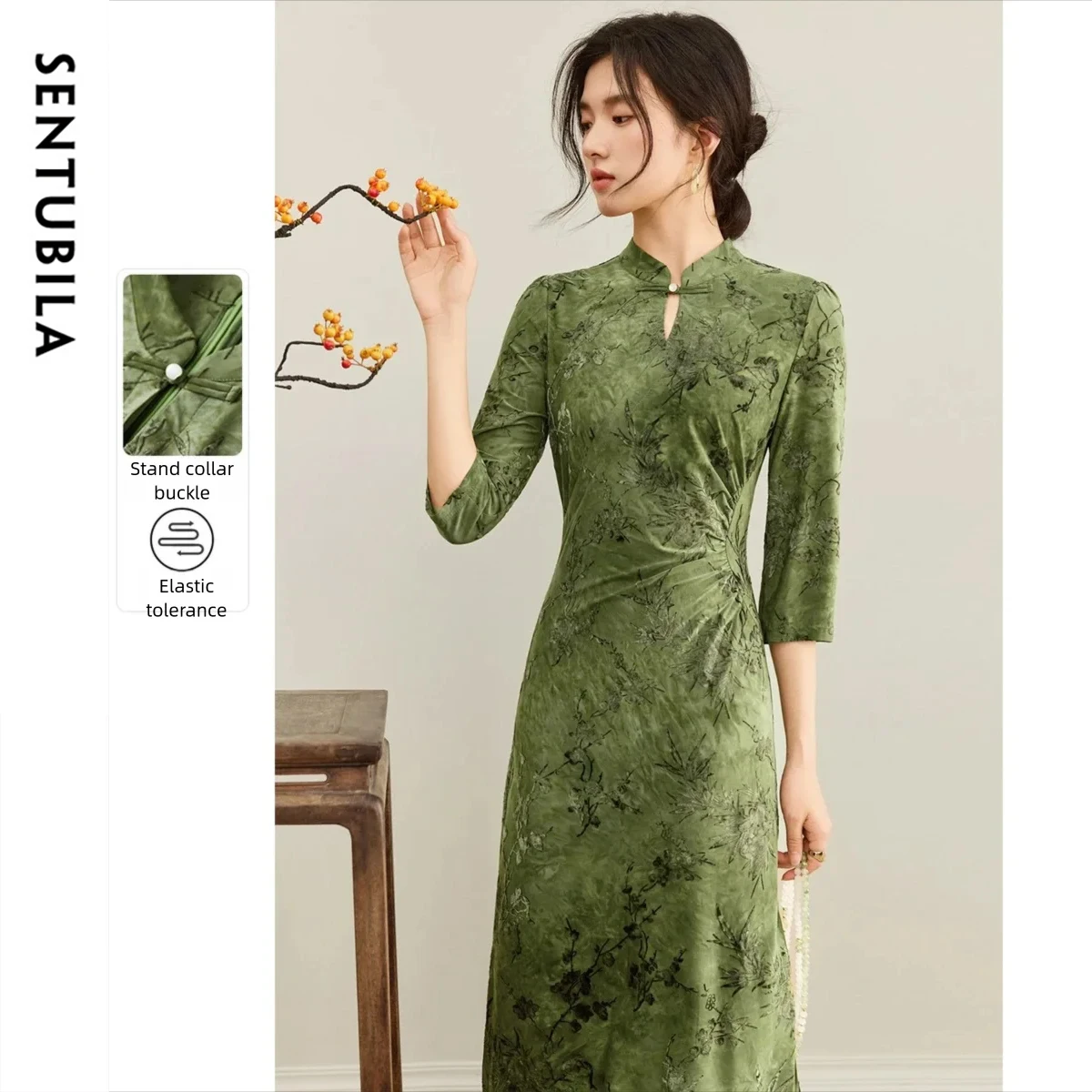 

SENTUBILA Women's Dress 2025 Autumn Frog Closure Stand Collar Mid-Length Dresses Three-Quarter Sleeve Slim-fit Dress Q53LI3706