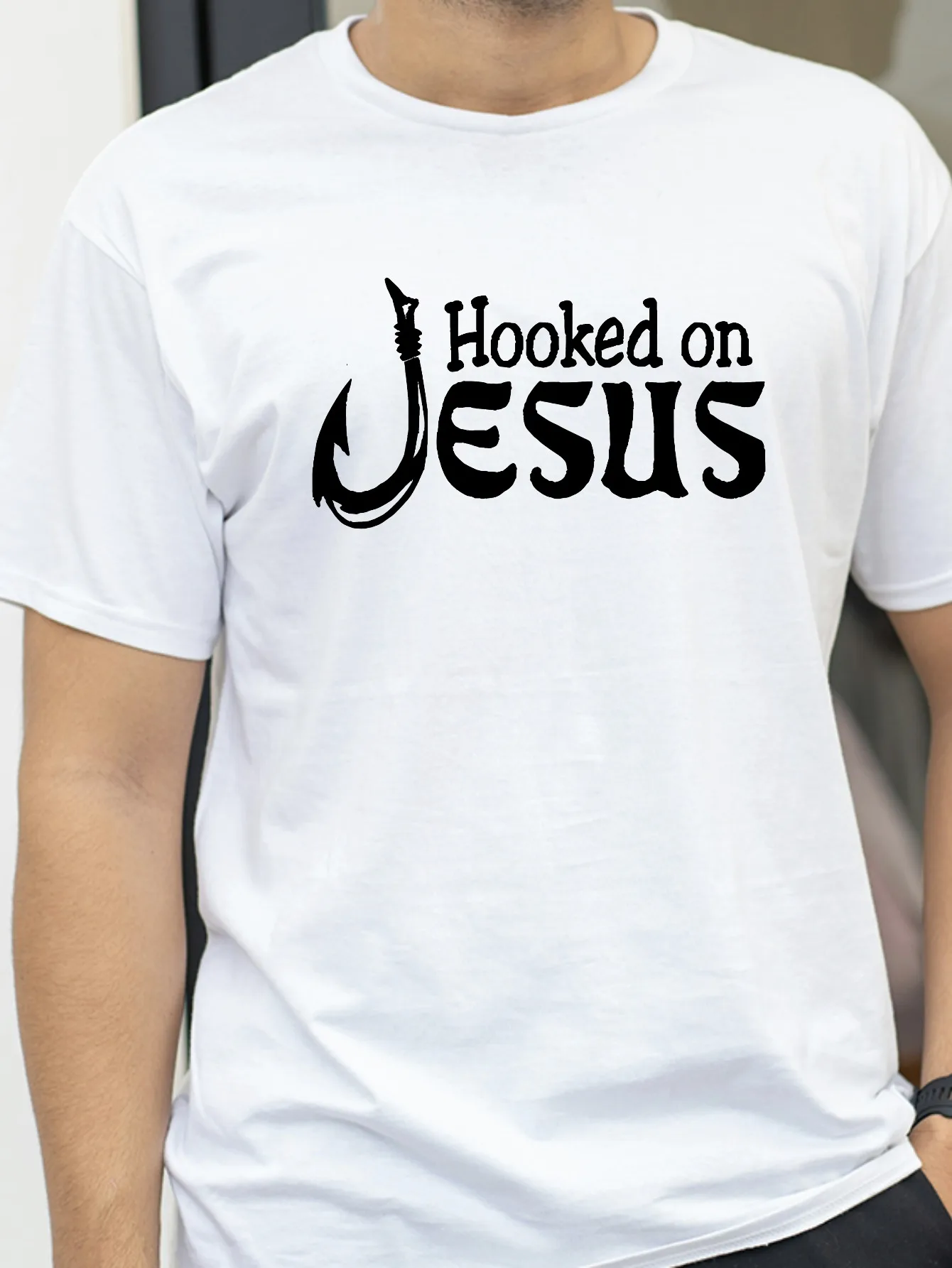 

Summer men's cotton casual loose fit hooked on jesus truth life letter printed round neck short sleeved T-shirt top