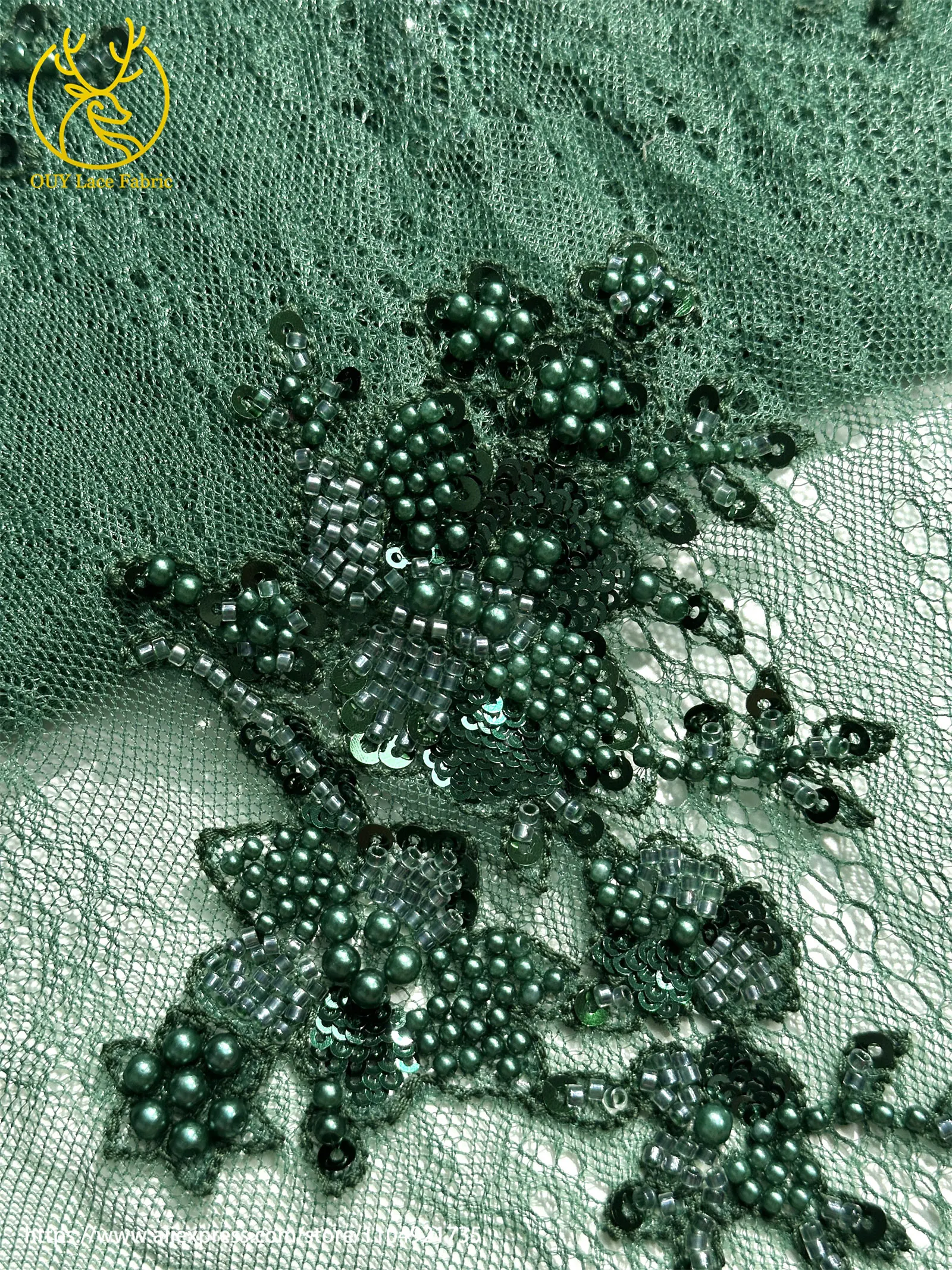 Grüner Afrikanischer Bräutigam Bestickter Blumen-Tüll-Spitzenstoff 2026 Französische Nigerianische Perlen-Pailletten-Spitze Hochzeitskleid-Material – Detail 15