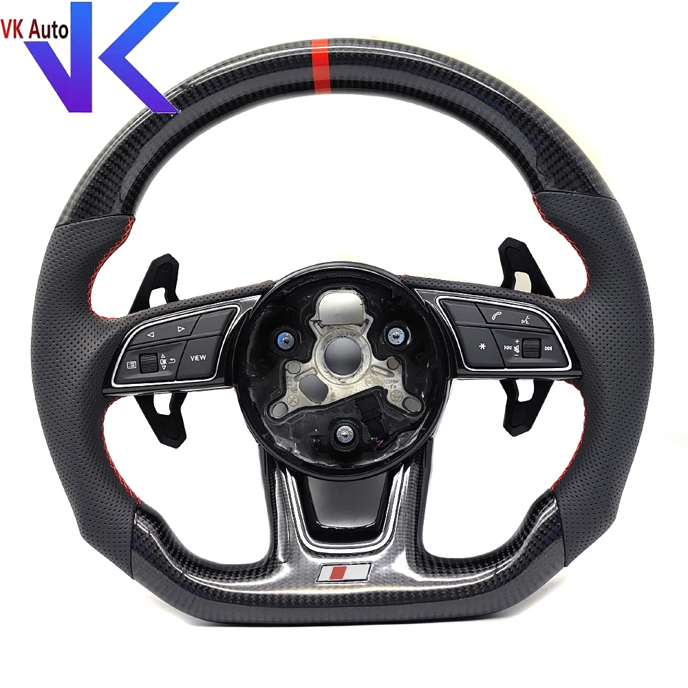 

For Audi A4 B9 Black Carbon Fiber Perforated Red Line Steering Wheel With S Logo Accessories Attachments