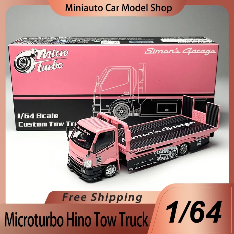 

New In Stock Microturbo 1:64 Hino 300 Pink Custom Tow Truck Alloy Miniature Diecast Car Model Flatbed Trailer Toys Kids Gift