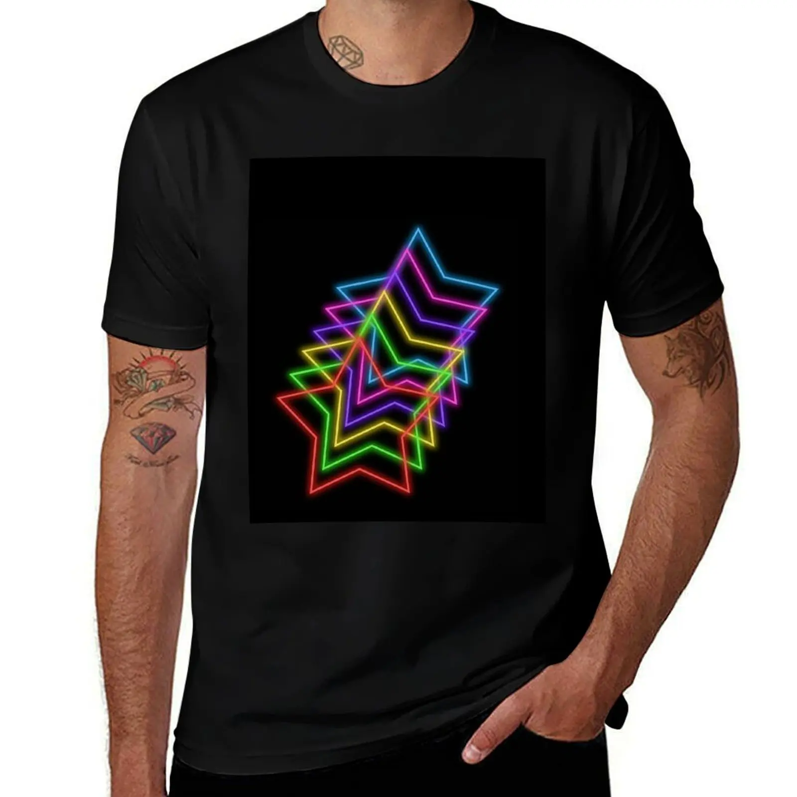 

1980s Rainbow Neon Glowing Stars, Single Image Version T-Shirt printed t shirts for man cotton t shirts man 100% T-shirt