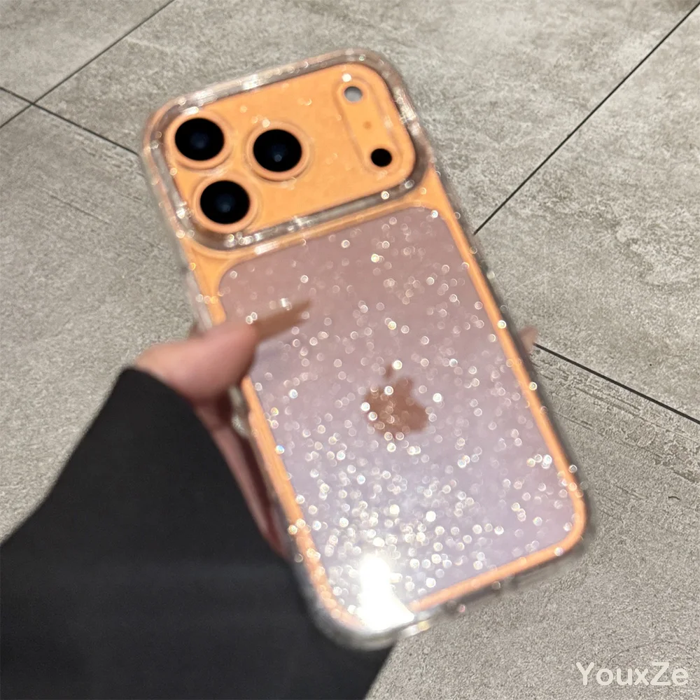 Capa de Celular Transparente de Luxo com Glitter para iPhone 17 16 15 14 13 Pro Max Plus, Capa Protetora Transparente de Silicone TPU Macio à Prova de Choque