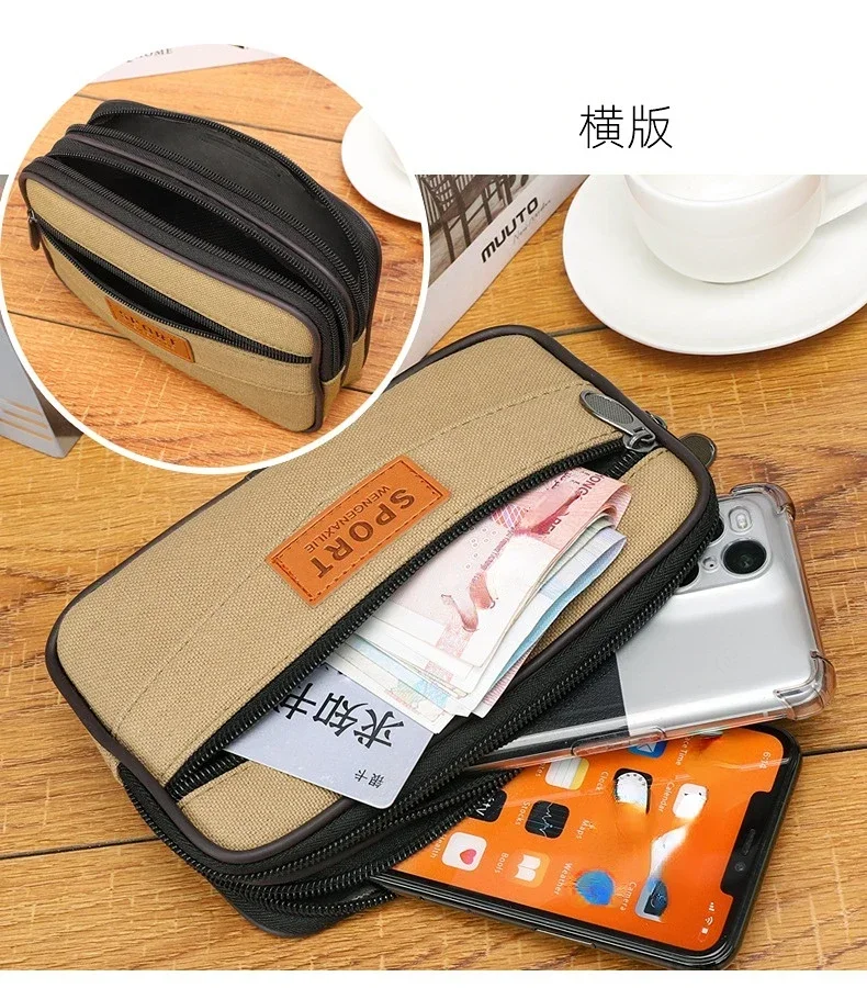 Multi Layer Men Phone Pouch Belt Waist Bag Fanny Pack Canvas Purse Small Pocket Design Belt Pouch Purse Bag for Phone