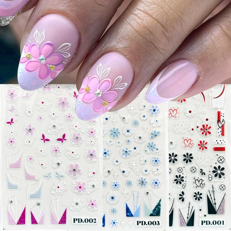 5D Rosa-Blaue Blütenblatt-Nagelaufkleber mit Strass Frühling Sommer Blumendesigns Geprägte Nagelsticker Deko DIY Französische Spitzen