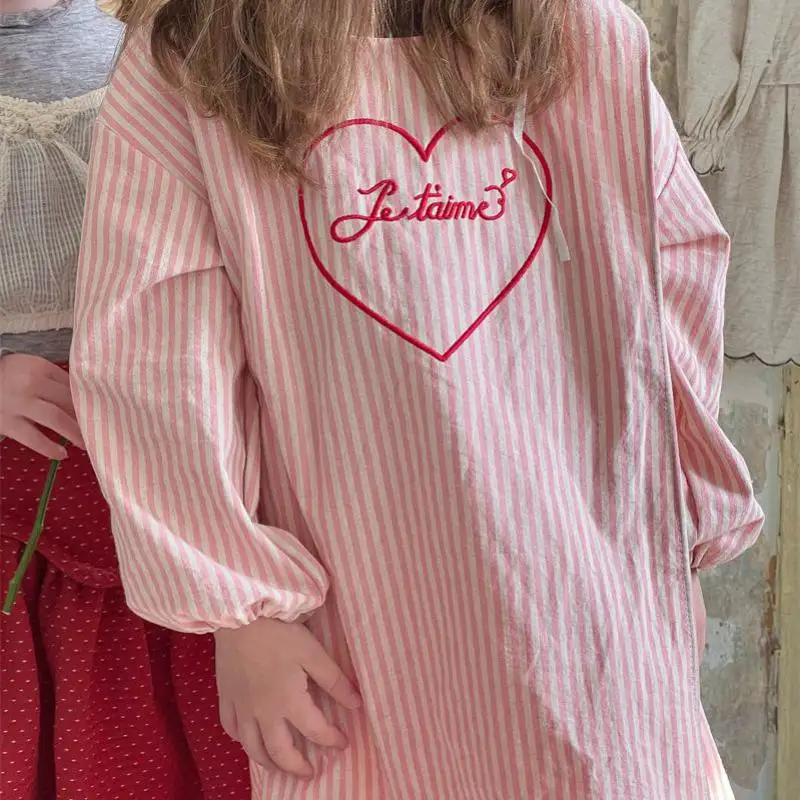 

2024 Spring Autumn Girl Children Striped Cotton Long Sleeve Dress Retro Baby Love Embroidery Letter Casual Dresses Kid Clothes