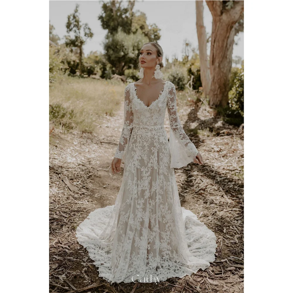 Cathy Bohe Long Bell Sleeves Lace Floral Wedding Dress A-line With Chapel Train vestidos de noiva V Neck Customized Formal Gown