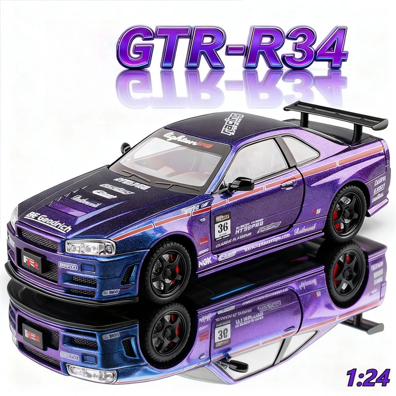 Modèle de voiture de sport GTR R34 1:24, en alliage moulé sous pression, véhicules jouets en métal, modèle de voiture, Simulation sonore et lumineuse, jouets pour enfants, cadeau