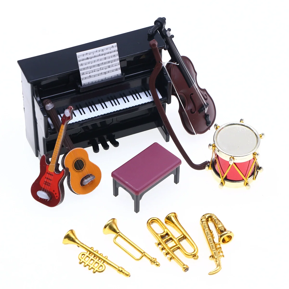 11Pcs Dollhouse Mini Music Instrument Model Set 1/12 Scale Simulation Piano Violin Guitar Doll Home Life Scene Decoration Gift