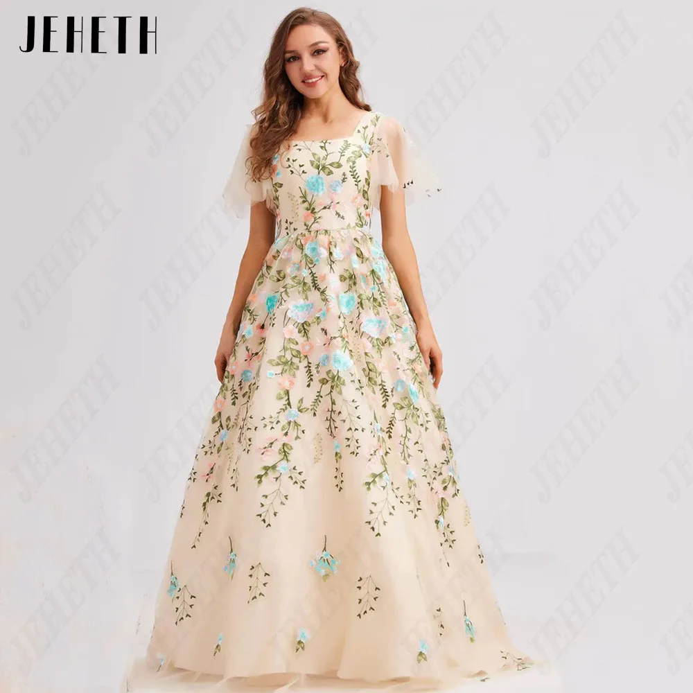 Jeheth Flower Lace dance dress embroidery Flower Lace a short Sleeve TUL Party dress Square neckJEHETH vestido De fiesta De encaje De flores, bordado Floral, línea A, manga corta, tul, cuello cuadrado, Vestidos De Gala