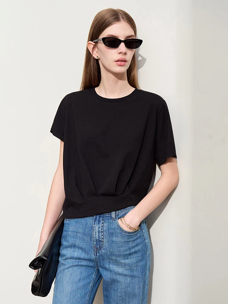 Amii Minimalism 2024 Summer Women T-shirts New O-Neck Asymmetric Sleeve Cotton Loose Diagonal Hem Stretchy Trendy Tops 12452061