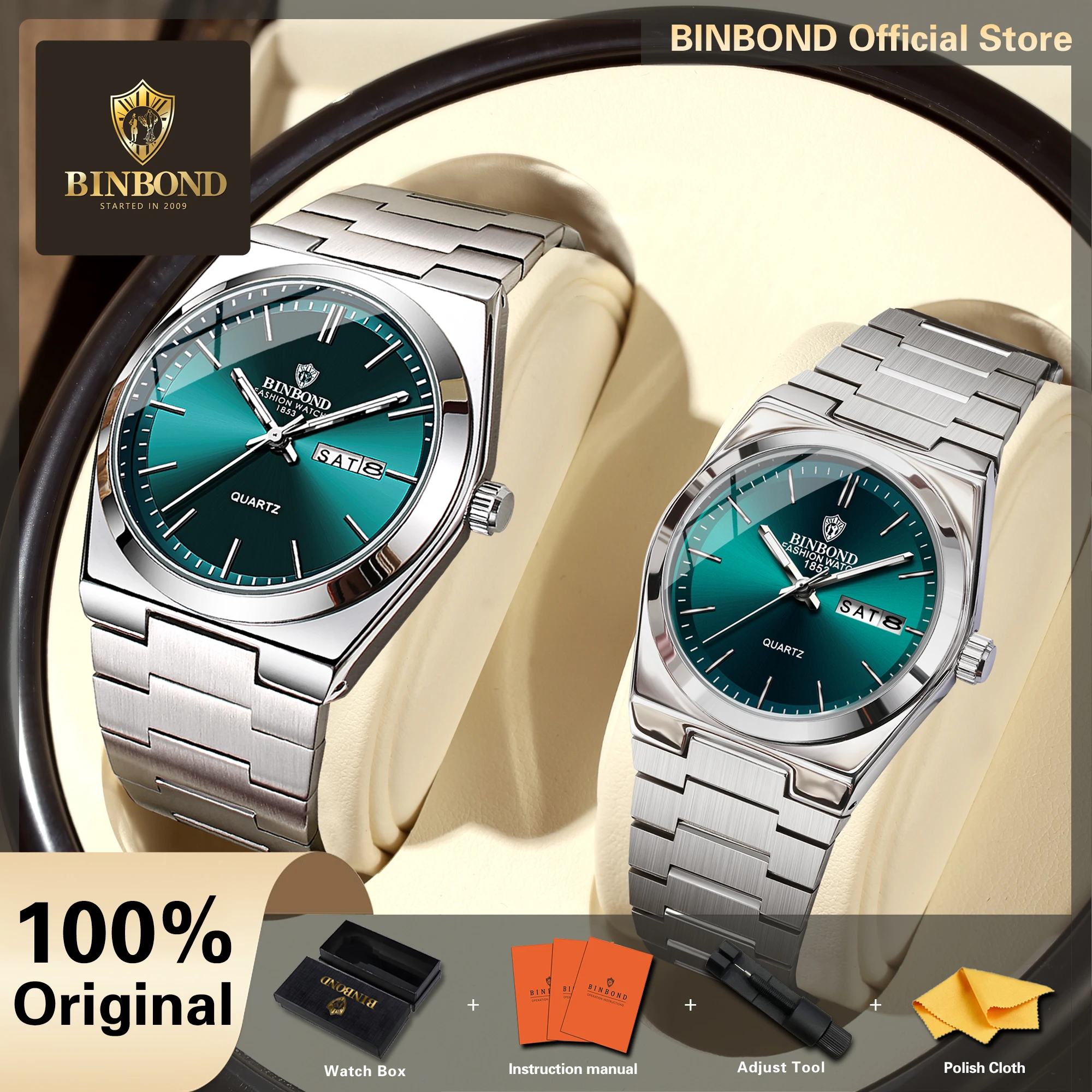 BINBOND Couple's Watches Waterproof Luminous Couple Watch Stainless Steel Original Relojios Luxury For Man Reloj Hombre Gift Box