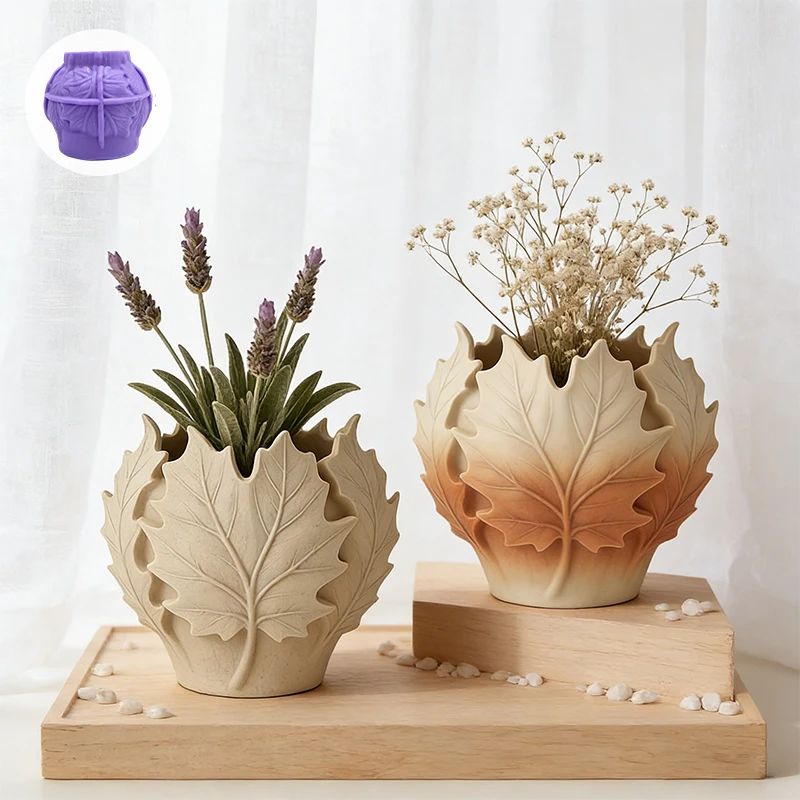 Silicone mold for maple leaf flower pots: 3D maple leaf texture + rounded shape. DIY forest-themed cement flower pots to create