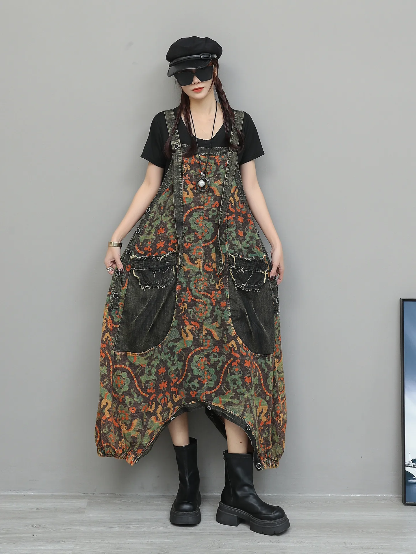 Vintage Printed Cotton And Linen Denim High Waisted Patchwork Pocket Overalls Women Spring Loose Sleeveless Streetwear Jumpsuit