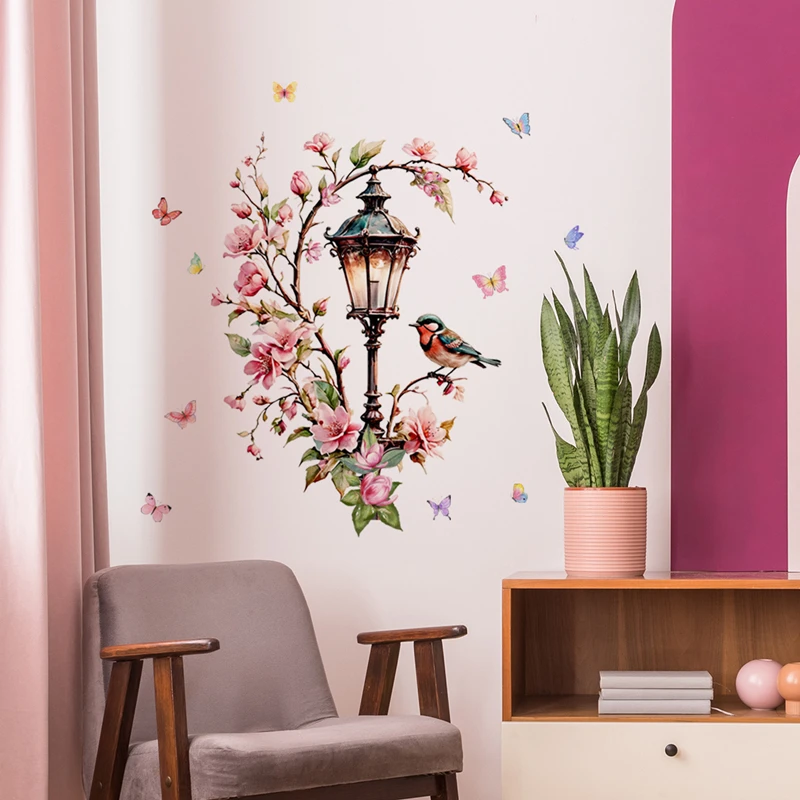 Creative Walls Art Green Plant Flower Branch Streetlight Bird Butterfly Vinyl Stickers Home Decoration for Living Room Bedroom view 2