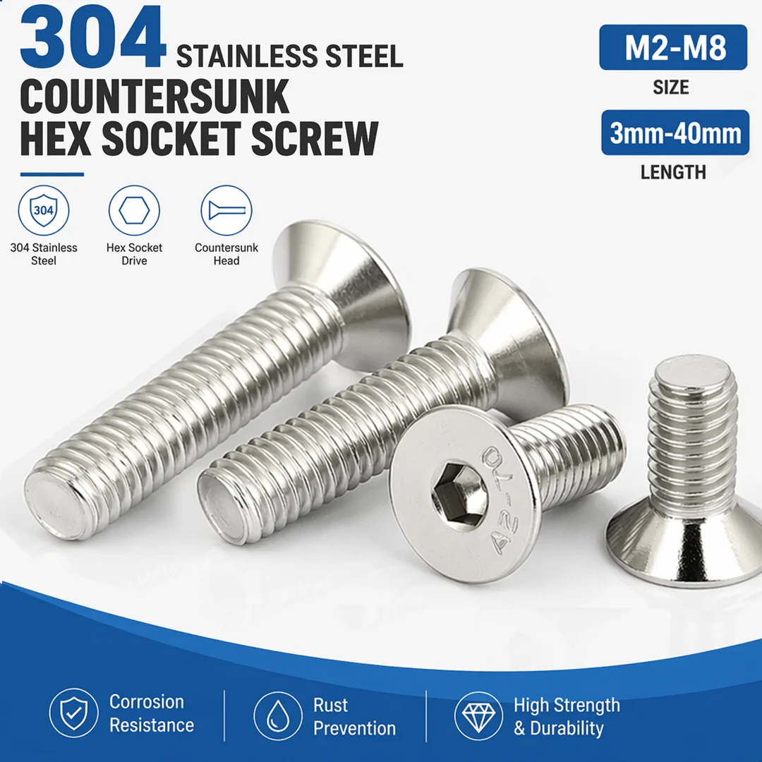 2-20pcs M2 M2.5 M3 M4 M5 M6 M8 Stainless Steel Hexagon Hex Socket Countersunk Flat Head Screw Allen Bolts DIN7991