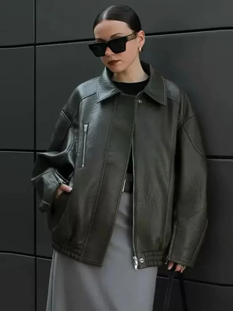 المرأة 2025 الخريف سترة جلدية معطف سستة زر جيب مرن كم طويل الصلبة الإناث السترات معاطف السيدات #1