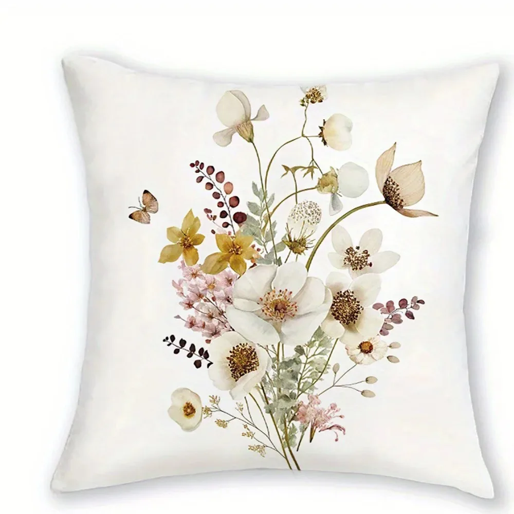 Watercolor Wildflower Bouquet Cushion Cover 2D Flat Printed Peach Skin Botanical Floral Throw Pillow Case For Sofa Living Room