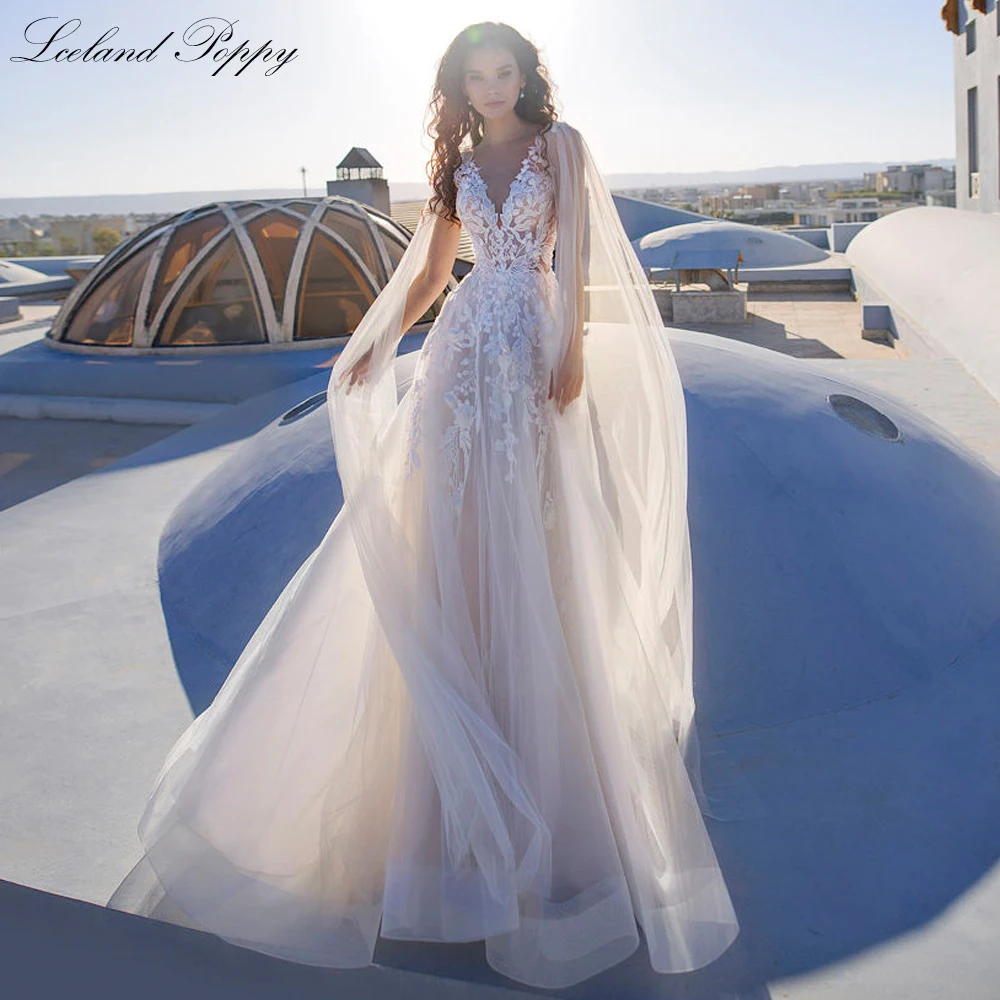 

Lceland Poppy Customized A Line V Neck Illusion Wedding Dresses Floor Length Sleeveless Bridal Gowns with Shoulder Sashes