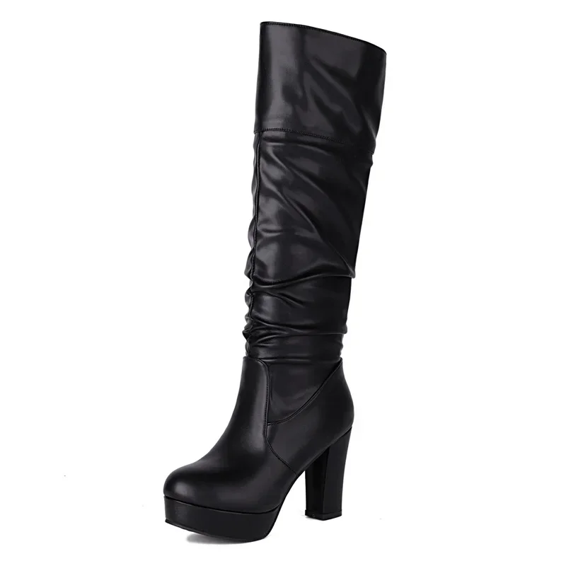 

Fashion Turn Over Edge Knee High Boots Women Chunky Heels Sexy Winter Dress Party Lady Brown Pleated Slip-on Long Platform Boots