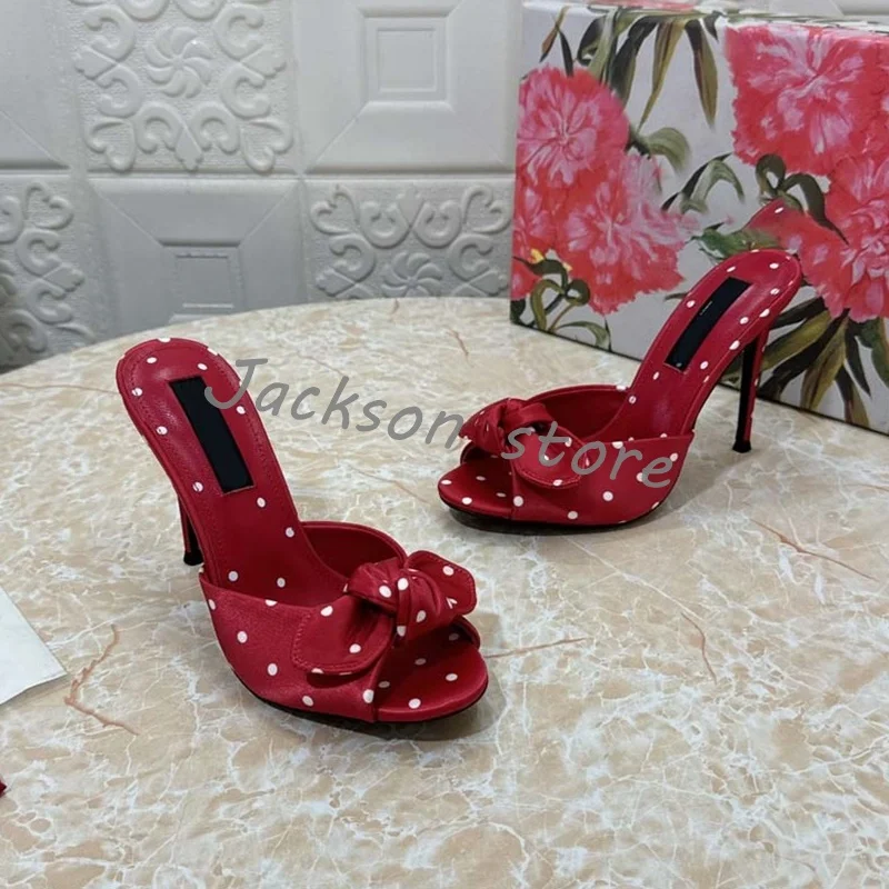 Retro Spotted Silk High Heel Slippers for Women Outer Wear Fashion Bow Leather Summer Sandals Comfortable Open Toed Lady Shoes