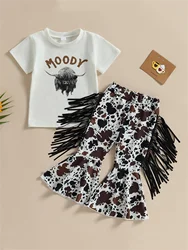 2pcs Toddler Girls Bull Head Graphic T-Shirt Tops & Tassel Cow Graphic Flare Leg Pants Set Kids Summer Clothes