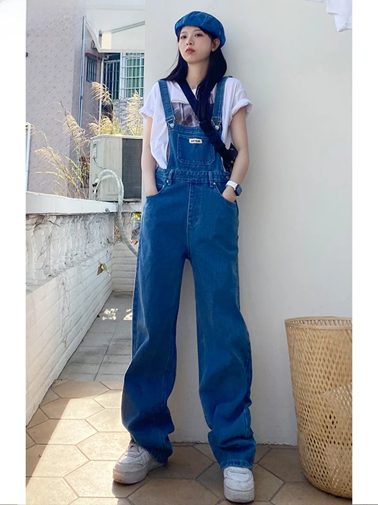 

Синий джинсовый комбинезон с высокой талией, женские свободные утягивающие весенние новые возрастные прямые брюки с широкими штанинами, цельные брюки