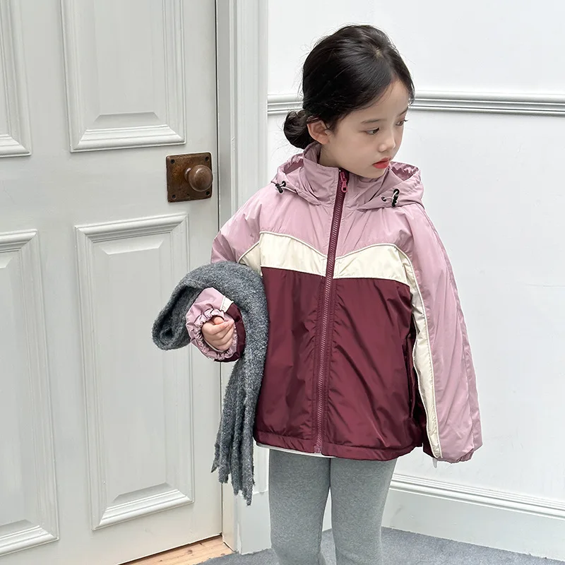 Winter style boys' and girls' Korean version color blocked jacket with thick waterproof hooded jacket and cotton jacket