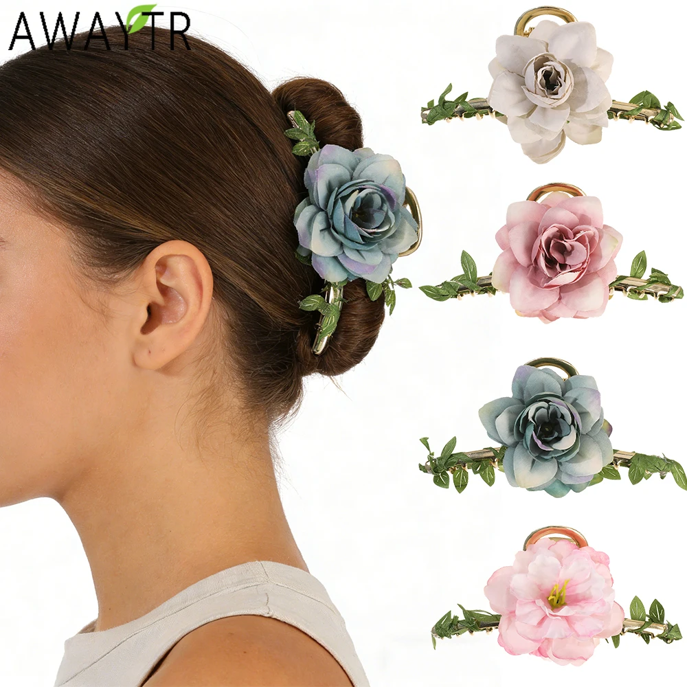 

AWAYTR Artificial Vine Rose Flower Hair Claws Plastic Hair Clip Crab For Girl Gift Hair Accessories Valentine Headwear
