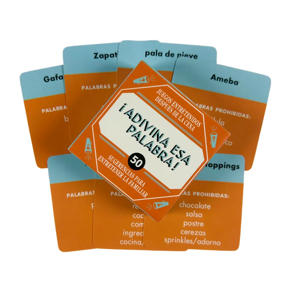 Juego de Mesa de Adivinanzas de Palabras en Español, Tamaño Mini 5.5x5.5cm – 50 Tarjetas de Vocabulario para Adivinar Nombres y Canciones, Juego para Fiestas