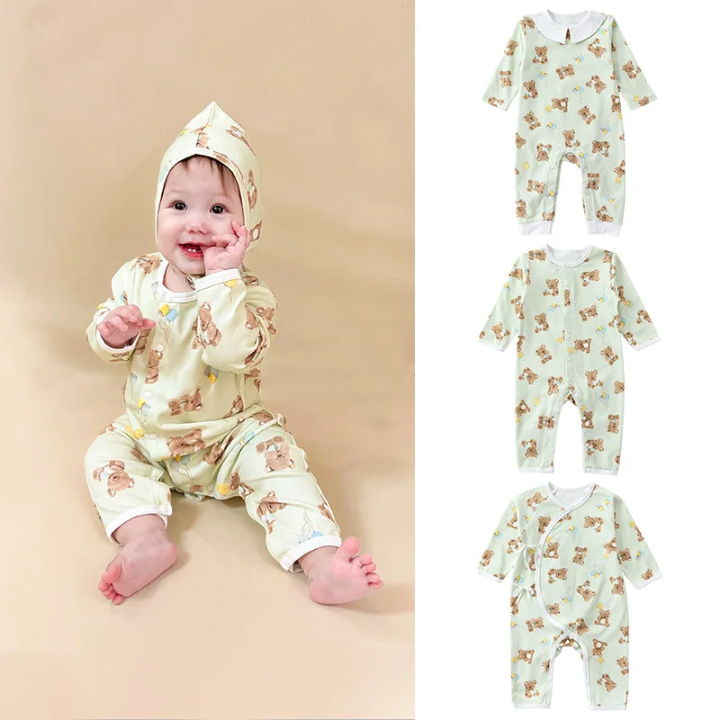 

Infant Girl Bodysuit Spring Autumn Peter Pan Collar Cartoon Bear Print Horn Button Cotton Baby Girls Romper Newborn Girl Onesies