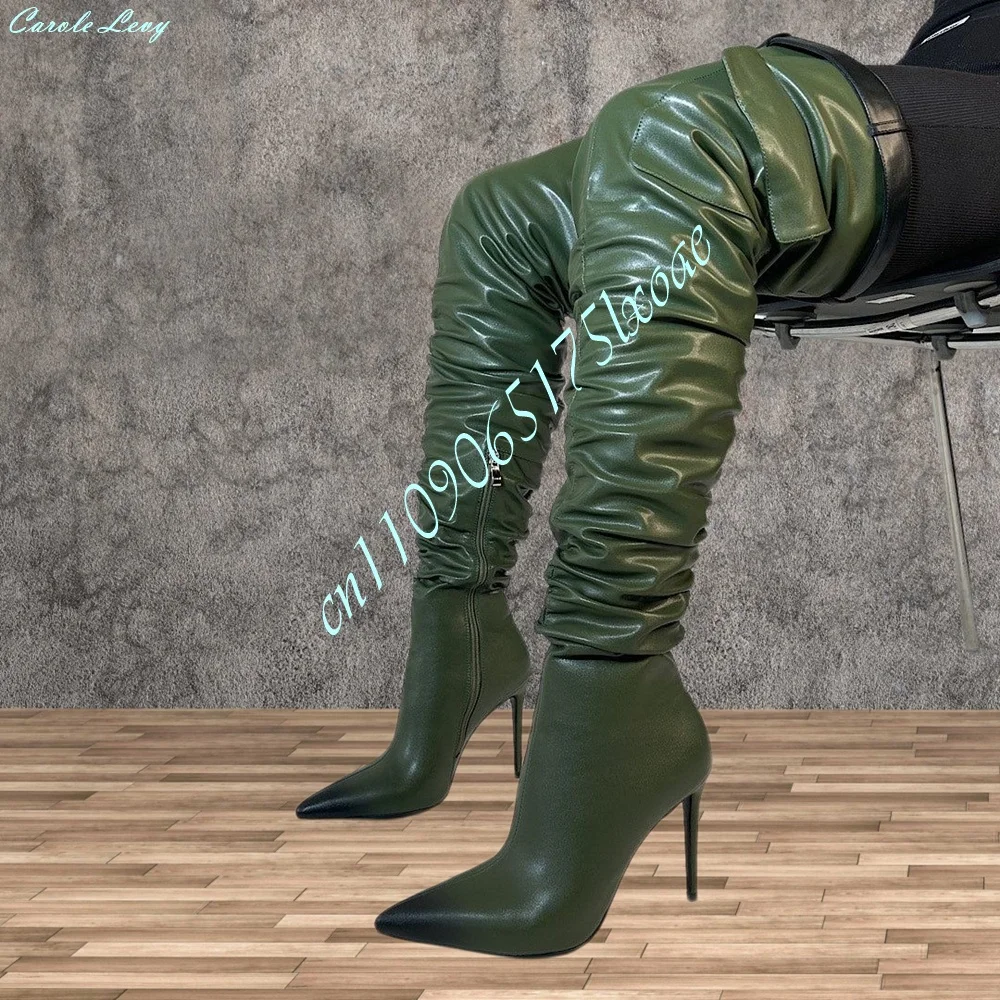 Hot Y2K Women Green Over the Knee Boots Pocket Ruched Design Pointed Toe Stiletto Heel Side Zipper Nightclub Party Long Boots