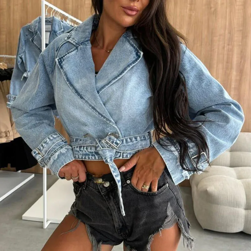 Y2K 캐주얼 버클 레이스 업 크로프트 여성 데님 자켓 빈티지 턴 다운 칼라 청바지 코트 streetwear 긴 소매 탑 겉옷