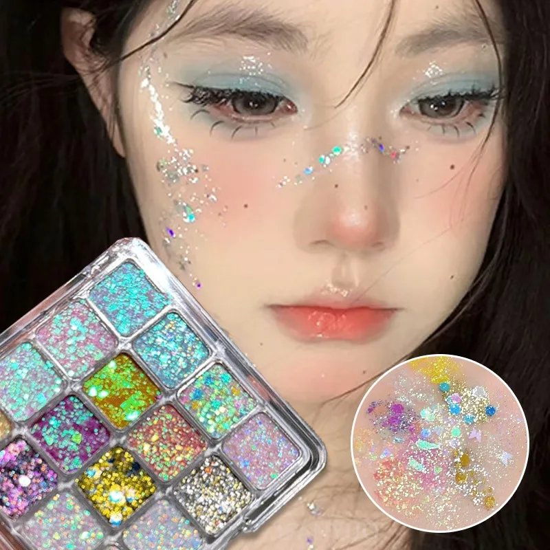 16-Color Sparkling Sequin Eyeshadow Palette Self Adhesive Glitter Gel Hair Body Nail Shiny Sequins Eye Shadow Stage Party Makeup