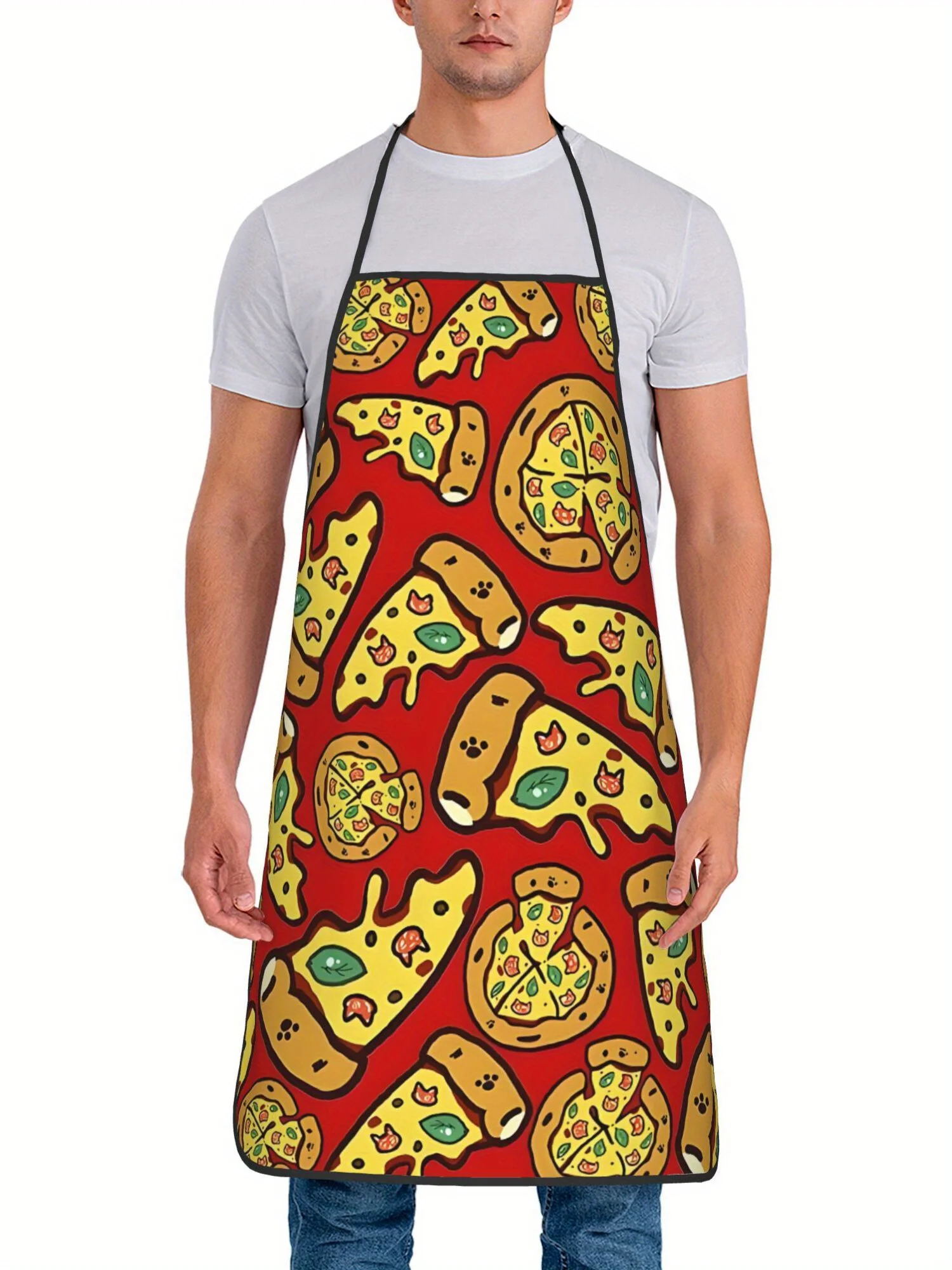 Cooking Apron with Fun Pizza Pattern Vibrant Red Background with Colorful Pizza Slices, Green Leaves & Basil Details