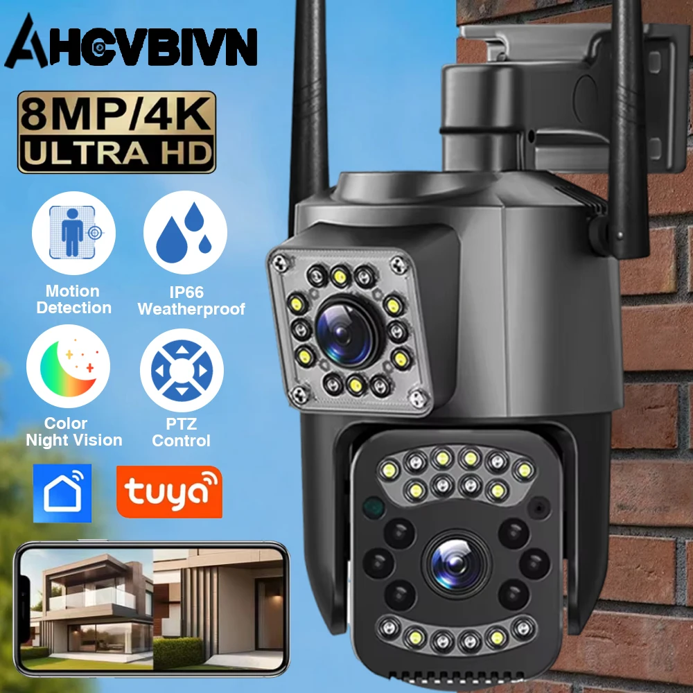 

Tuya Outdoor Security IP Camera 4K 8MP HD Dual Lens External Wifi PTZ Camera Auto Tracking Street Surveillance Camera